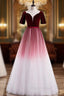 Burgundy White Tulle Velvet Short Sleeve Formal Prom Dresses