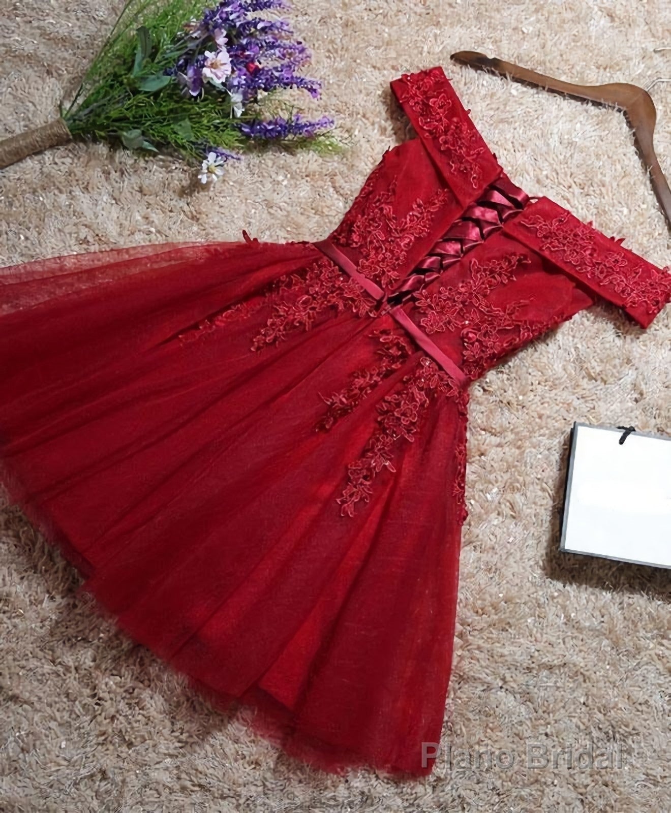 Burgundy Lace Off Shoulder Short Prom Dress, Lace Evening Dress Secondary image