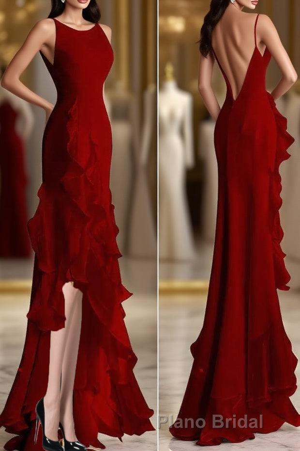 Simple Mermaid Formal Prom Gown With Ruffles, Spaghetti Straps Backless Dresses For Date