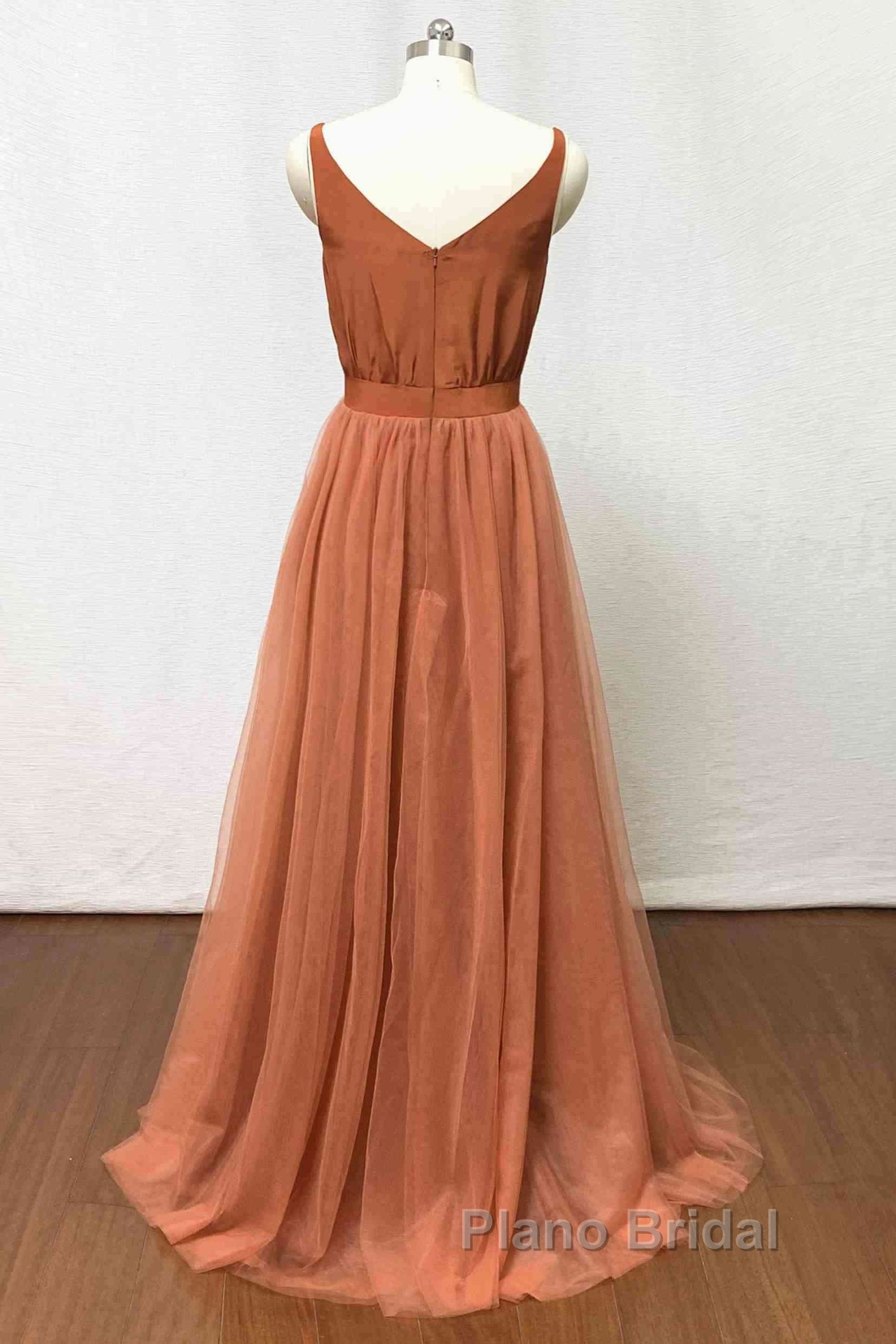 Burnt Orange Scoop Neck Satin Top Long Bridesmaid Dresses Secondary image