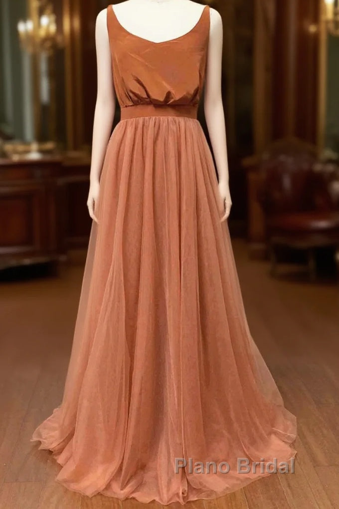 Burnt Orange Scoop Neck Satin Top Long Bridesmaid Dresses Main image