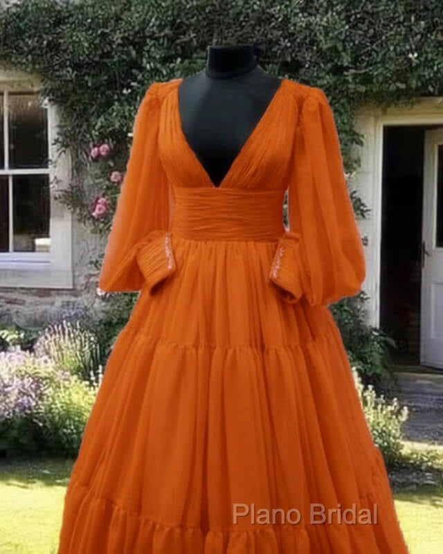 Burnt Orange Tulle V-Neck Ball Gown Dresses Secondary image
