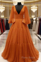 Burnt Orange Tulle V-Neck Ball Gown Dresses