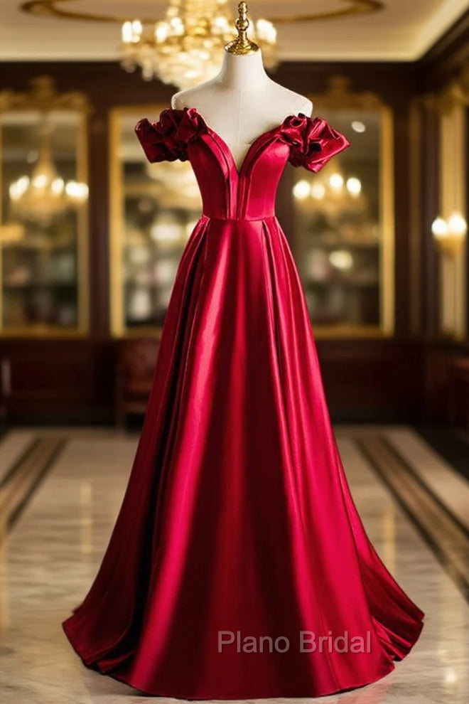 Burugndy Satin Off the Shoulder Formal Prom Dresses Main image