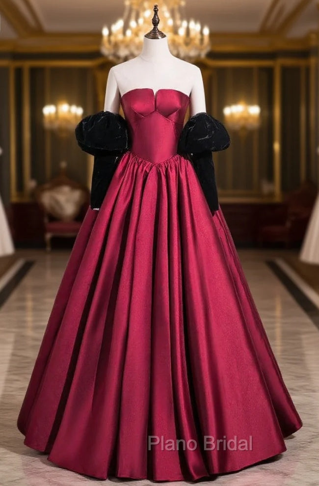 Burugndy Satin Strapless Black Velvet Long Sleeve Formal Prom Dresses Main image
