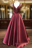 Burugndy Satin V-neck Beading Formal Prom Dresses