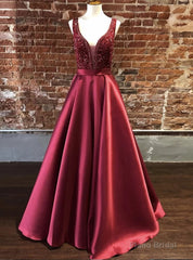 Burugndy Satin V-neck Beading Prom Dress