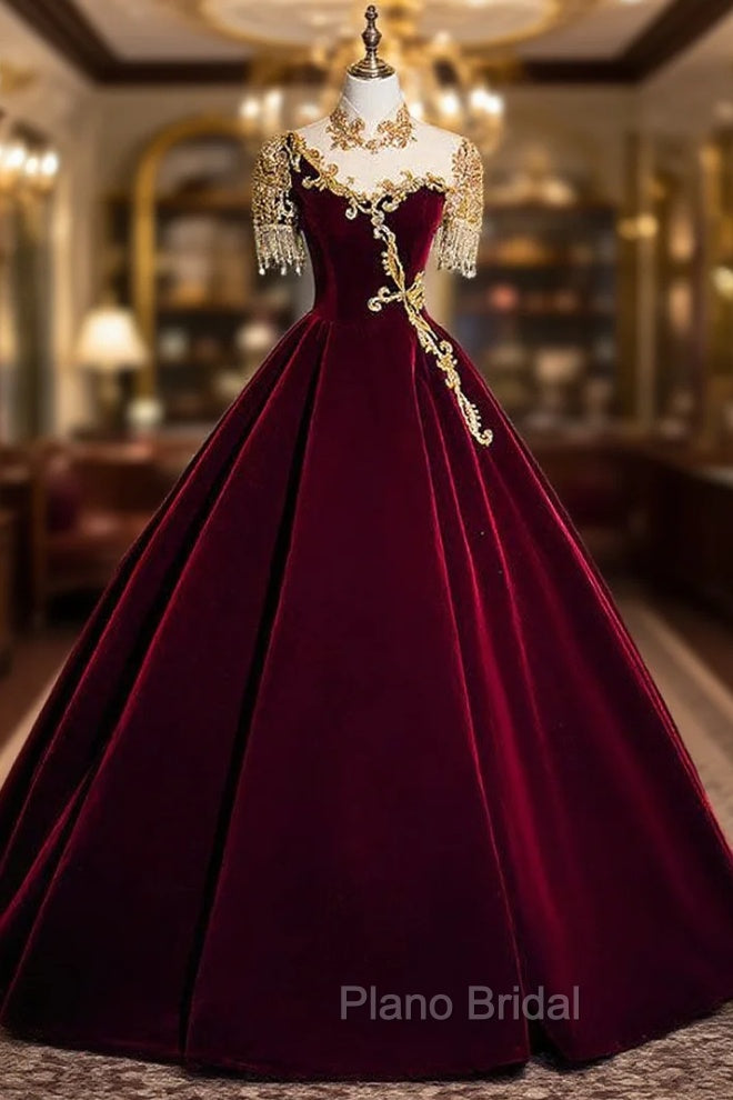 Burugndy Velvet High Neck Short Sleeve Beading Formal Prom Dresses Main image