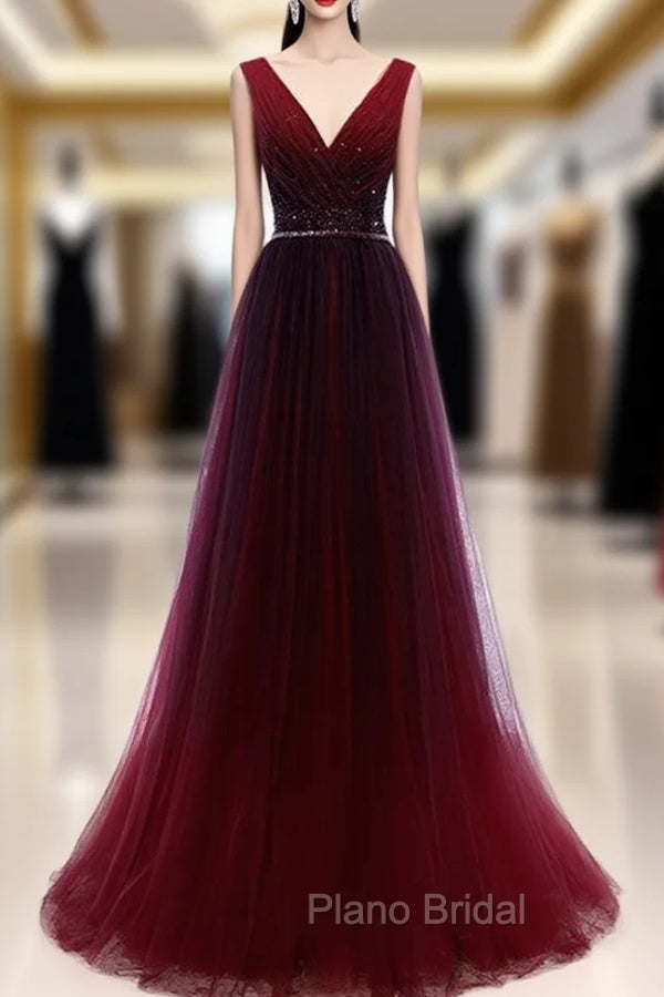 Buy Cheap Pleats Beading Burgundy V Neck Long A Line Tulle Formal Prom Dresses Under 120 Main image