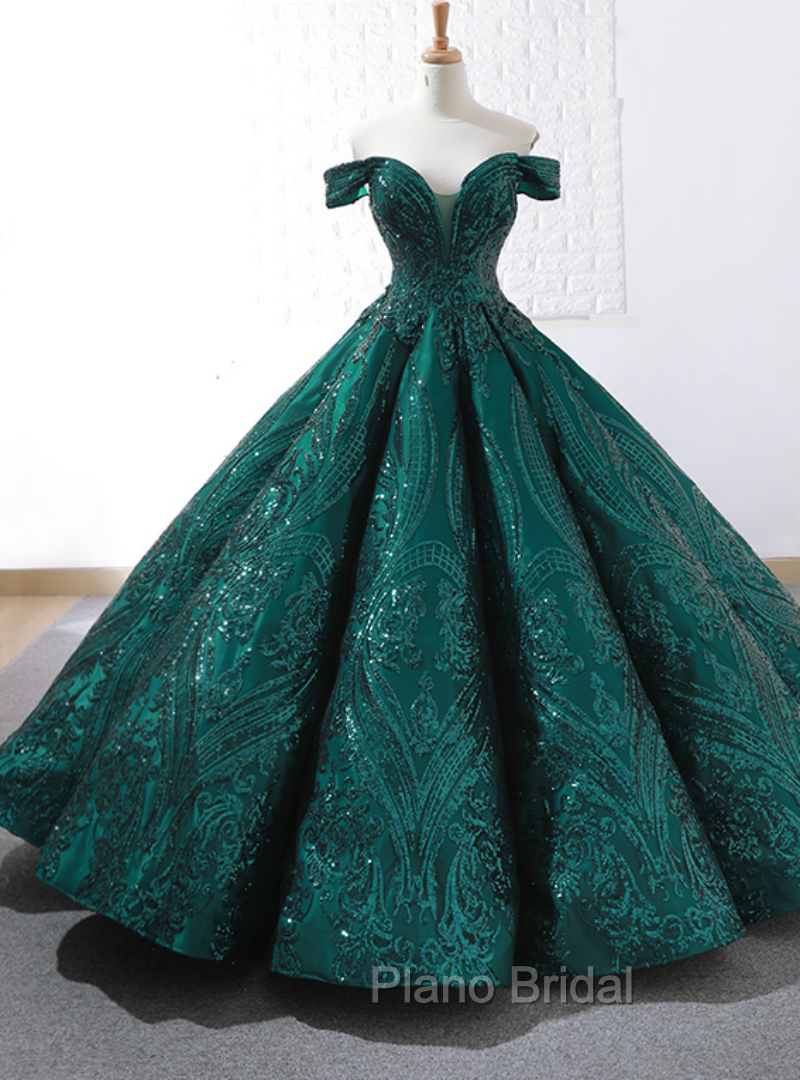 Buy The Newest Dark Green Sequins Ball Gown Off The Shoulder Formal Prom Dresses Main image