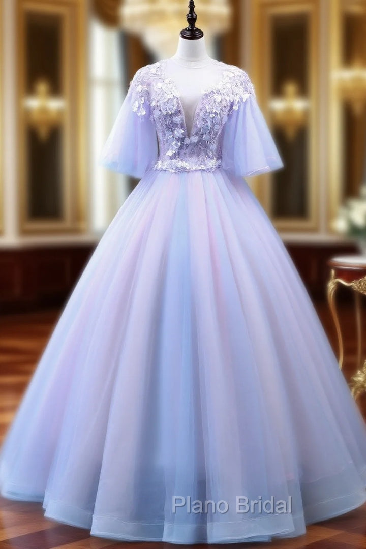Buy The Newest Purple Ball Gown Tulle Backless See Through V-neck Appliques Quinceanera Dresses Main image
