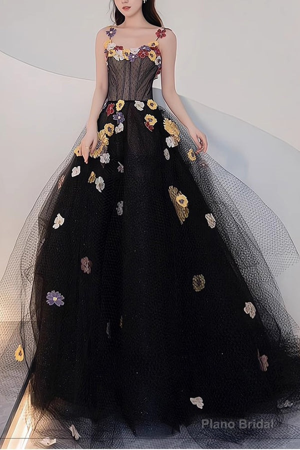 A Line Black Tulle Prom Dress with Flowers Puffy Quinceanera Dresses Main image