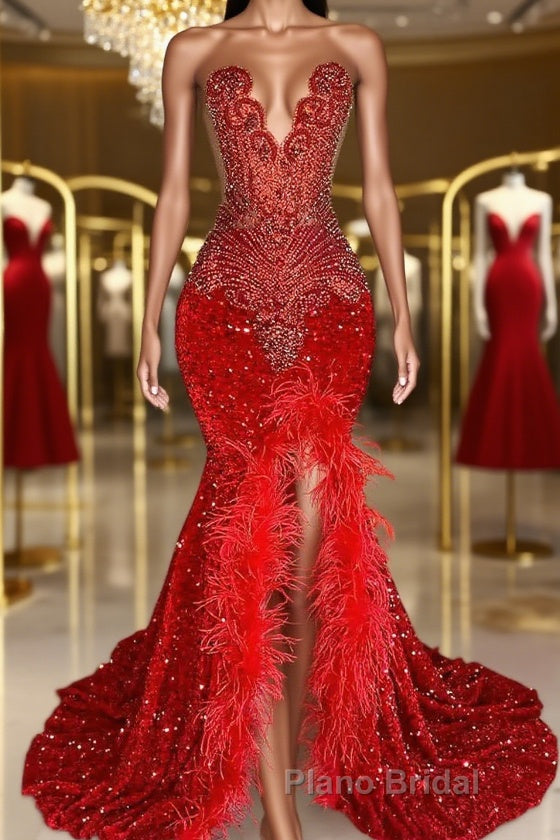 Red Sleeveless Sequins Mermaid Formal Prom Dress with Front Slit Beadings and Feathers Main image