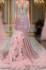 Pink Halter Mermaid Formal Prom Dress with Sequins Beadings and Tulle Ruffle