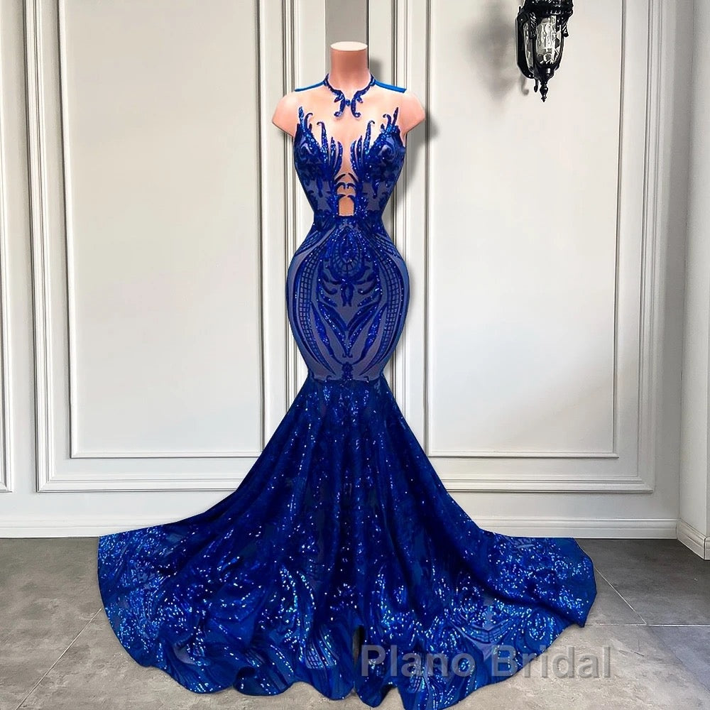 Sequins Royal Blue Sleeveless Mermaid Formal Prom Dress