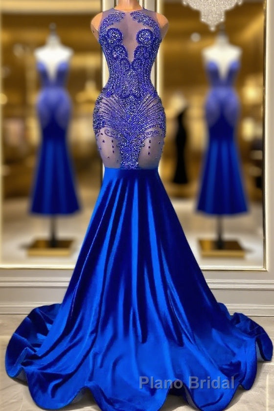 Sleeveless Royal Blue Scoop Neck Mermaid Formal Prom Dress with Beadings Main image