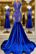 Sleeveless Royal Blue Scoop Neck Mermaid Formal Prom Dress with Beadings