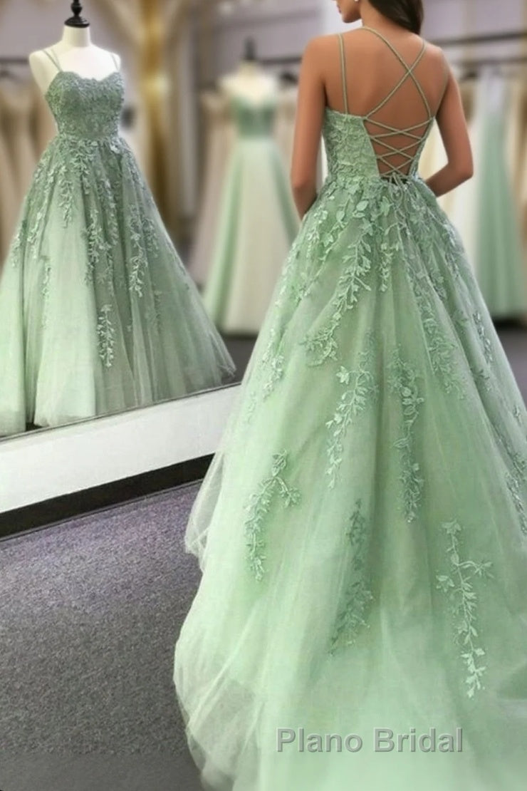 Sage Green Straps Tulle With Lace Train Long Formal Prom Dresses, Sage Green Party Dresses Main image