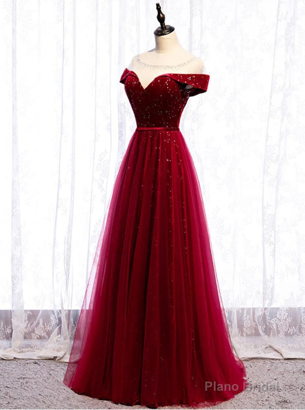 Cap Sleeve Red Sparkly Tulle Long Cheap Evening Prom Dresses Secondary image