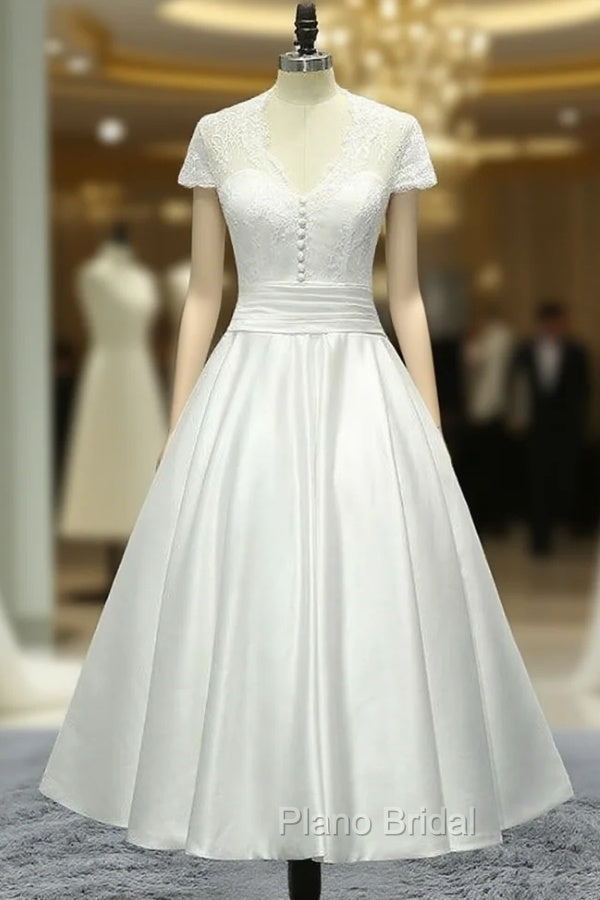 Cap Sleeve Tea Length Sheer Back Satin Short Wedding Dresses