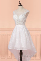 Cap Sleeves High Low White Lace Sheer Short Wedding Dresses