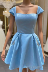 Cap Sleeves Light Sky Blue Satin Short Homecoming Dress With Beaded Bodice