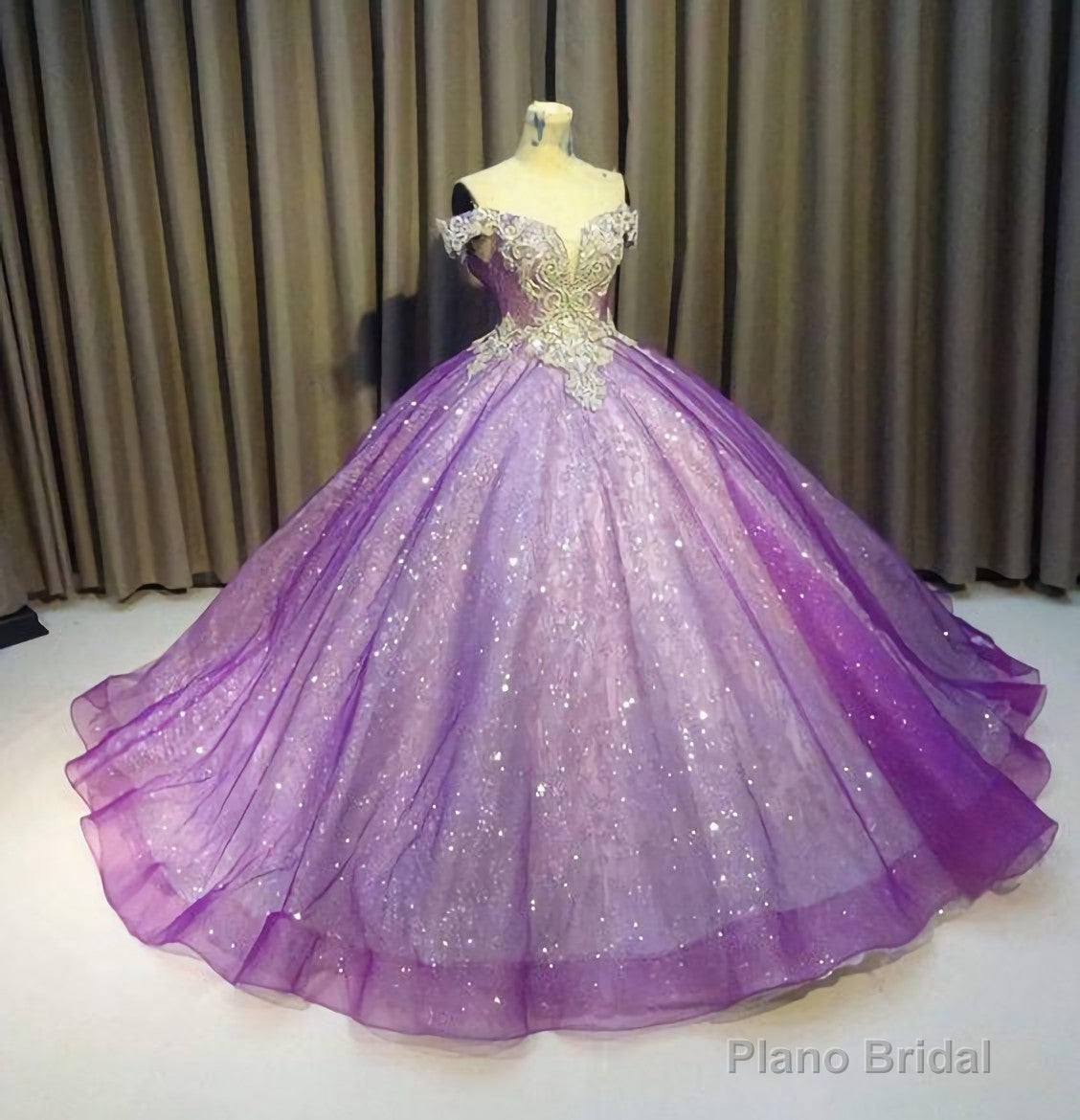 Purple Off The Shoulder Ball Gown Bling Bling Prom Dress