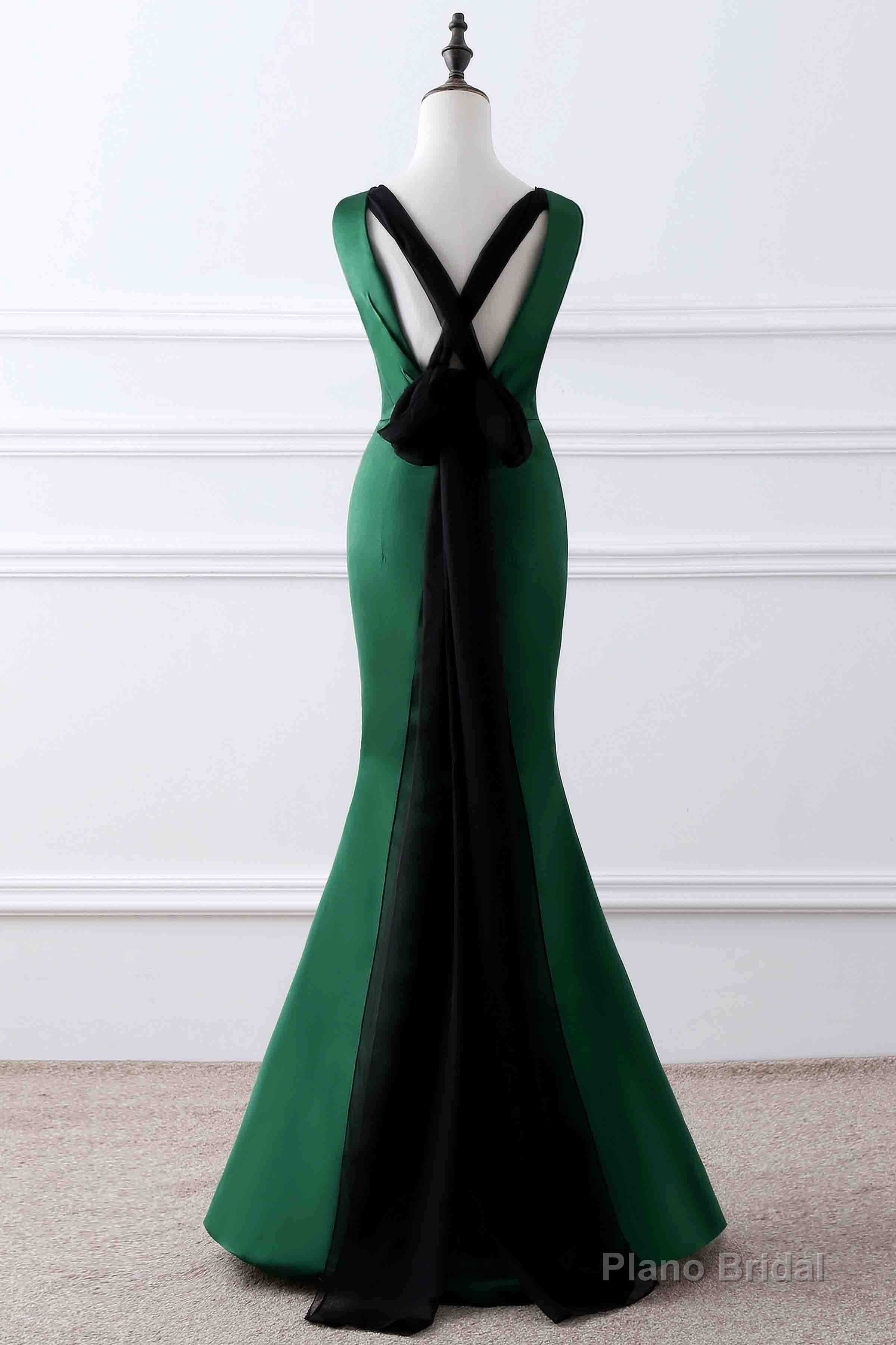 Prom Dress, Green Matte Satin V Neck Mermaid Unique Design Evening Dress Main image