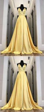 Long Yellow Prom Dresses, Leg Split Evening Gowns