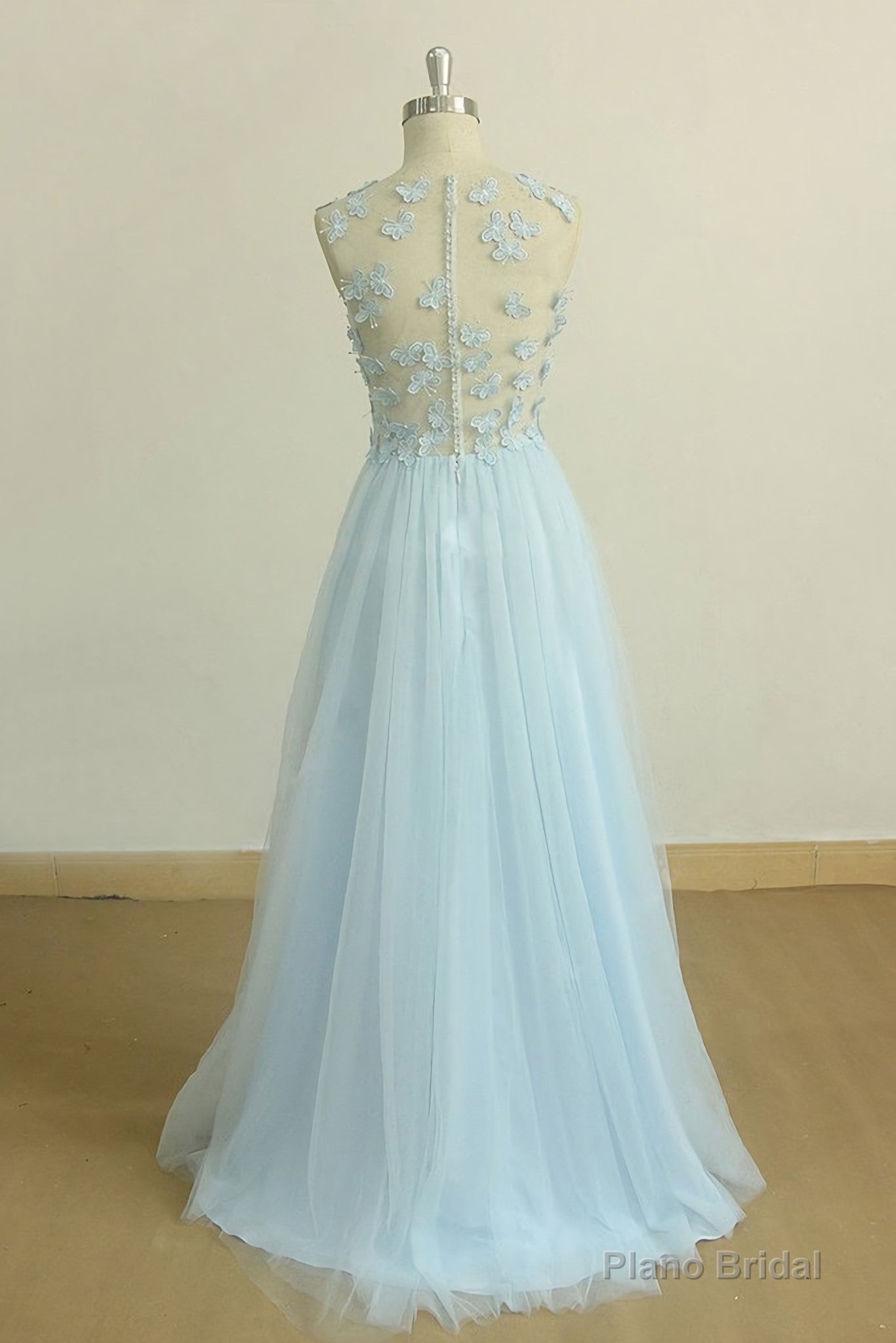 A Line Round Neck Baby Blue Lace Long Prom Dress, With Butterfly Secondary image