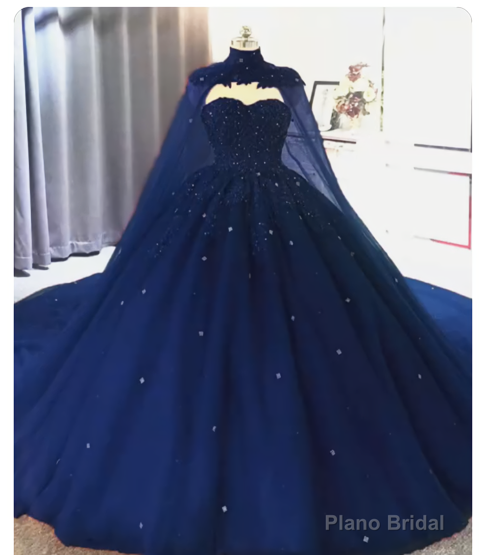 Elegant Lace Embroidery Tulle Beaded Quinceanera Dresses, Navy Blue Ball Gown Prom Dress, With Cape Secondary image