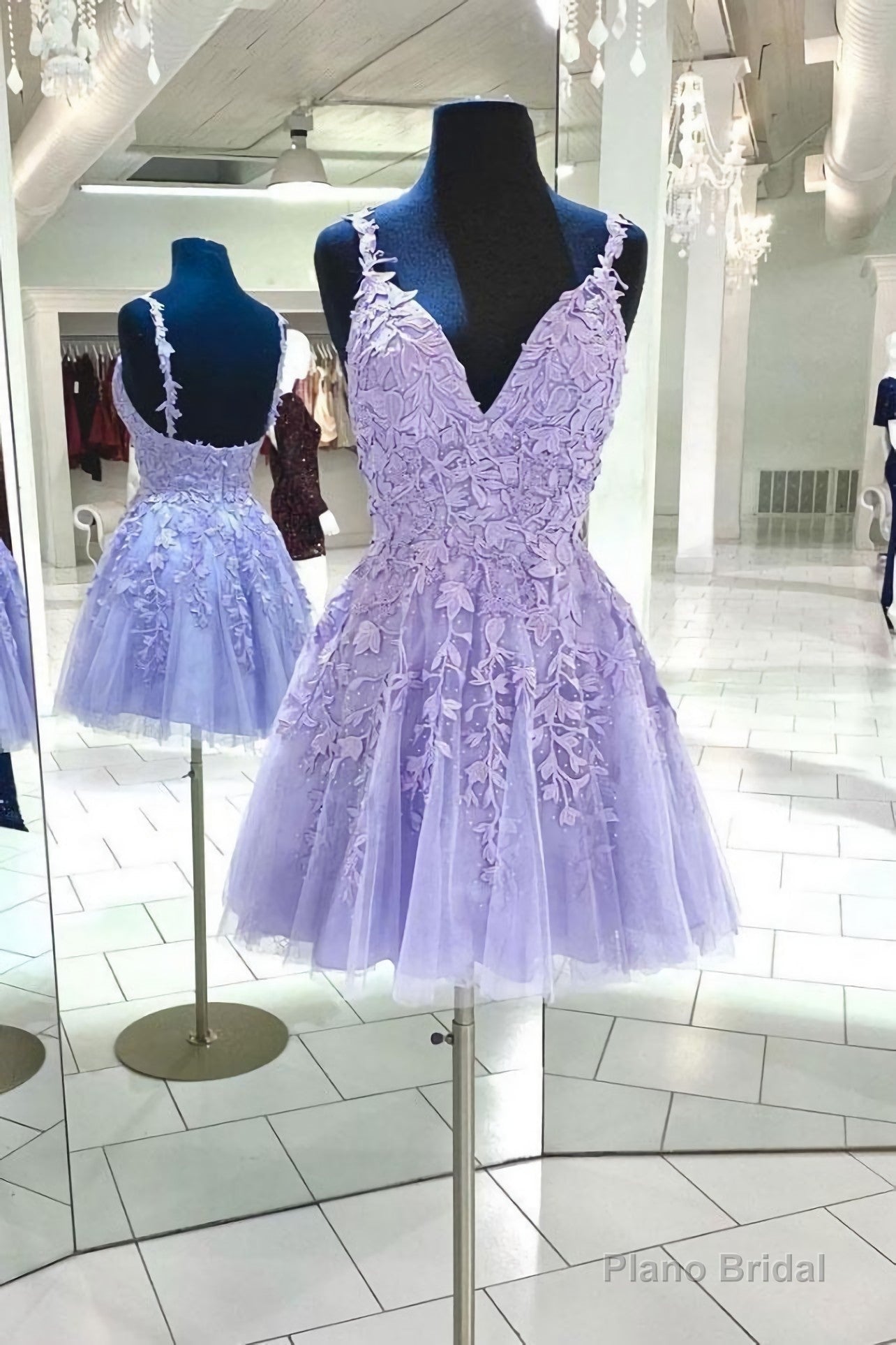 Purple V Neck Tulle Lace Short Homecoming Dress, Lace Cocktail Dress