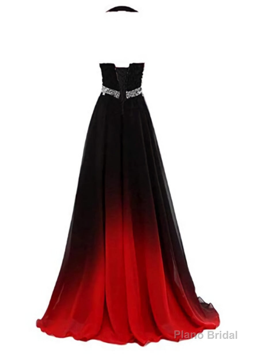Beautiful Gradient Color Halter Beaded Party Dress, Red And Black Prom Dress Main image