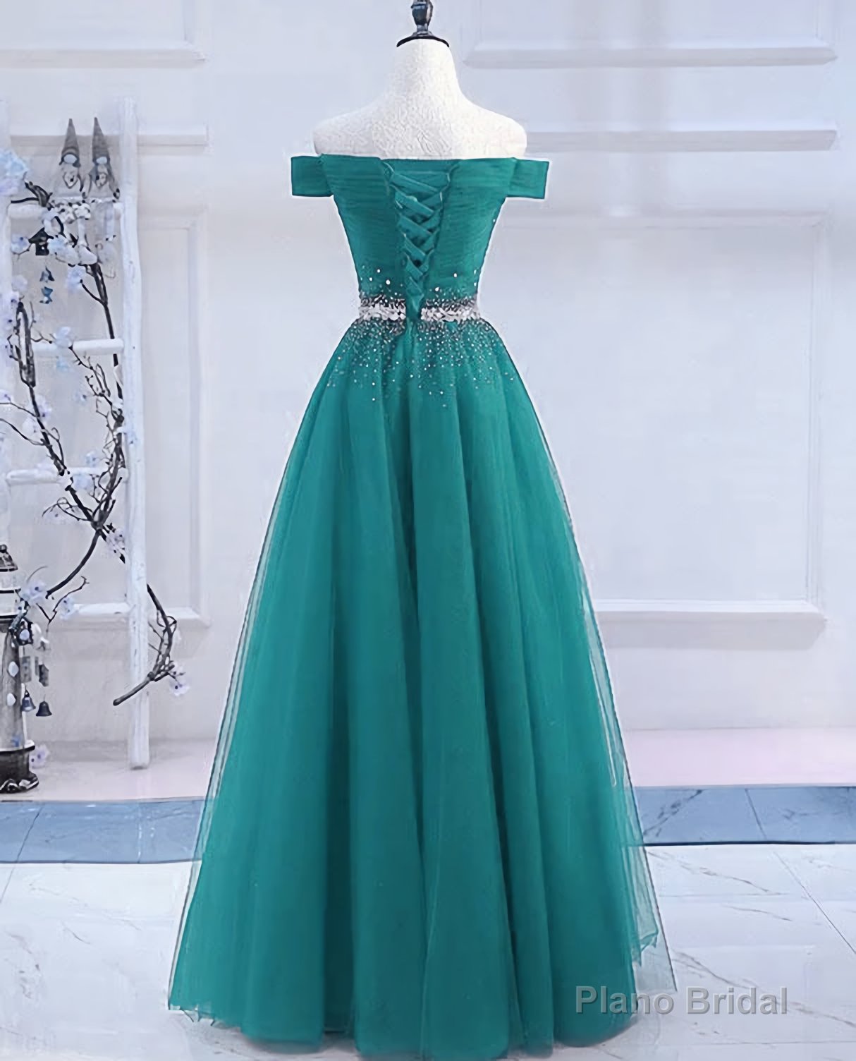 Pretty Hunter Green Off Shoulder Beaded Prom Dress, Long Evening Dress, Party Dress Main image