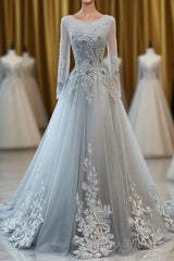 Grey Long Sleeves V Neckline Tulle Formal Prom Dresses, A Line Floor Length Party Dresses