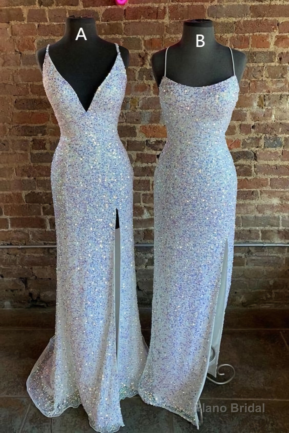 Gorgeous Mermaid White Sequined Long Prom Dresses, Formal Dresses, With Side Slit Main image