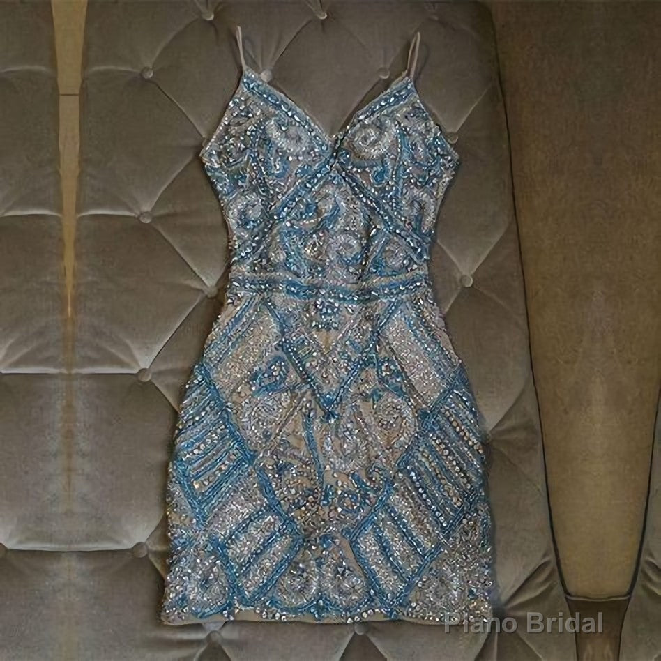 Silver And Turquoise Crystal Beaded Homecoming Dresses, Short