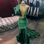Emerald Green Evening Dresses, High Neck Appliques Gold Lace Mermaid Prom Dresses, Sexy Formal Velvet Party Gowns