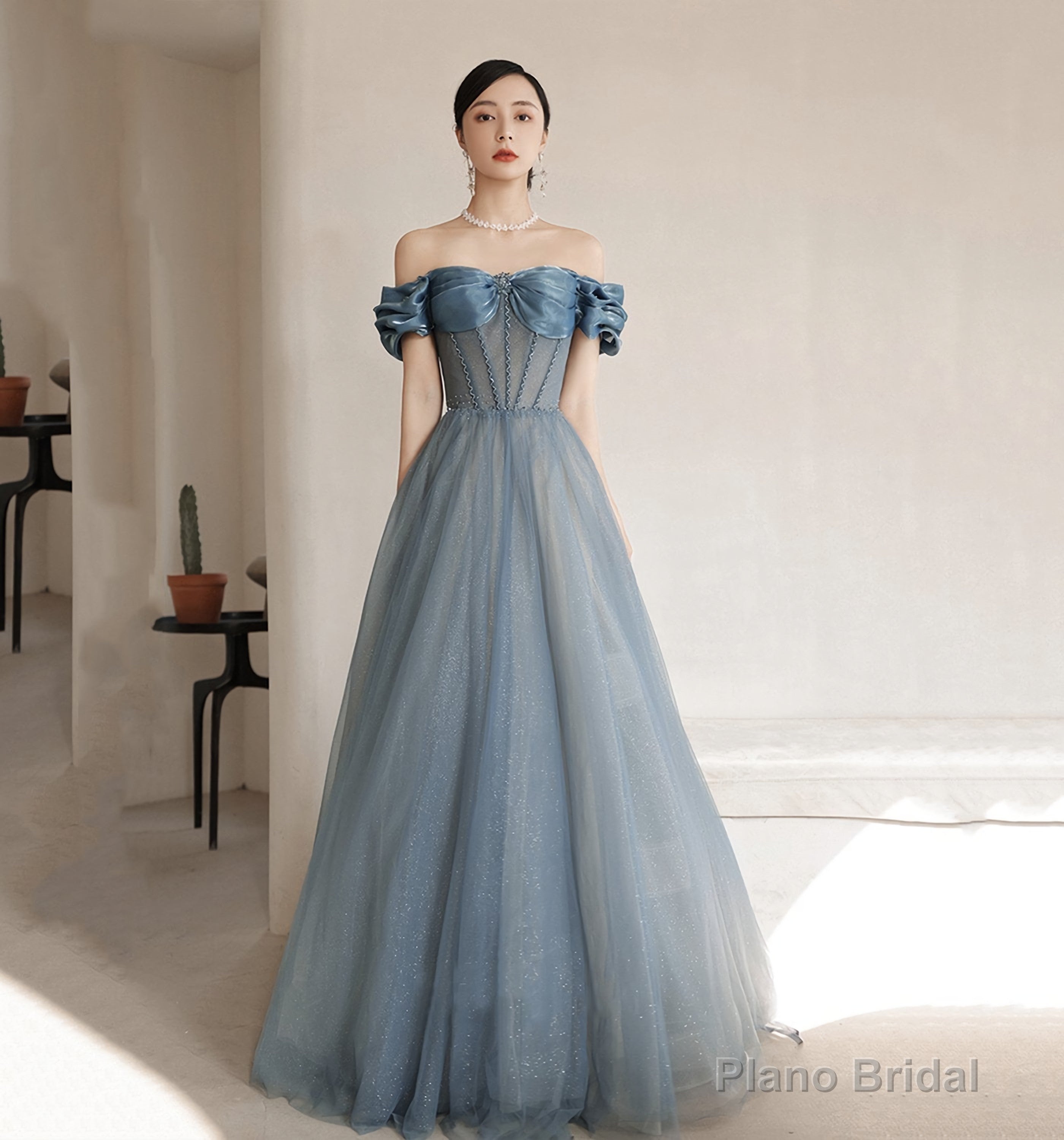Blue Tulle Long A Line Prom Dress, Off Shoulder Evening Dress Secondary image