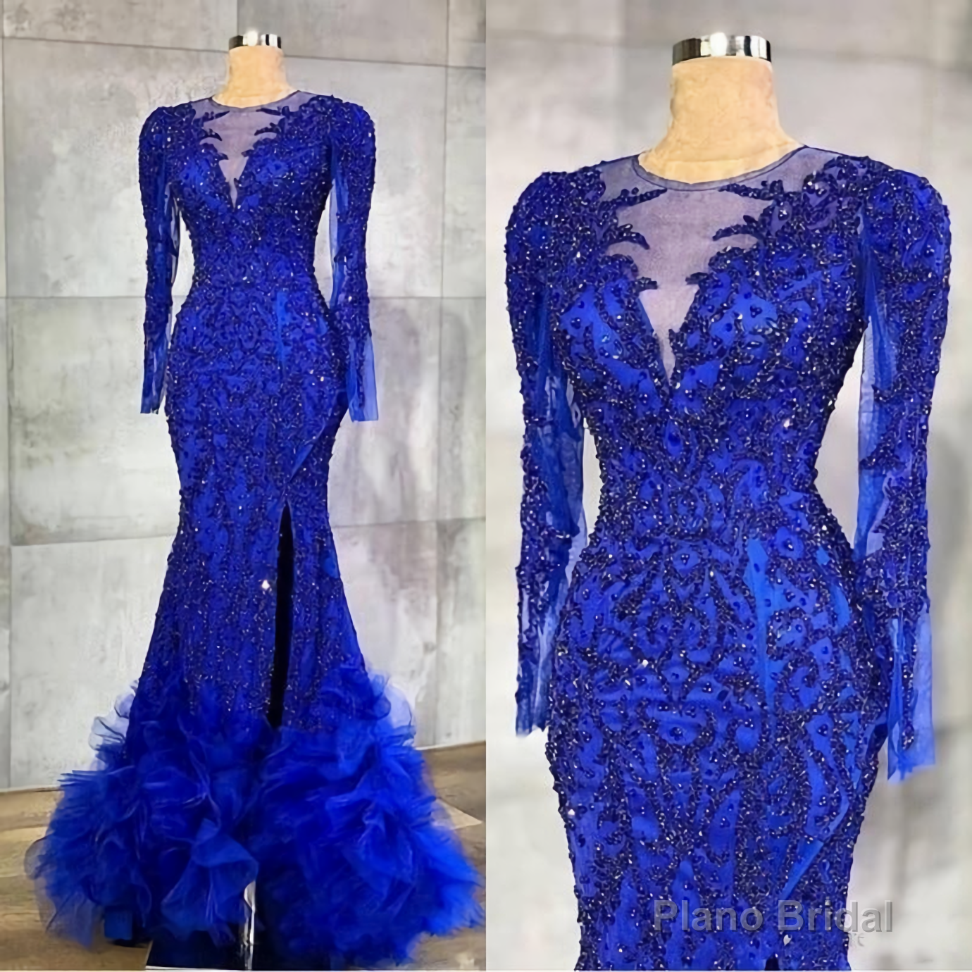 Long Prom Dress, Luxury Royal Blue Evening Dresses, Beaded Crystals Sheer Neck Mermaid Arabic Aso Ebi Party Gowns Main image