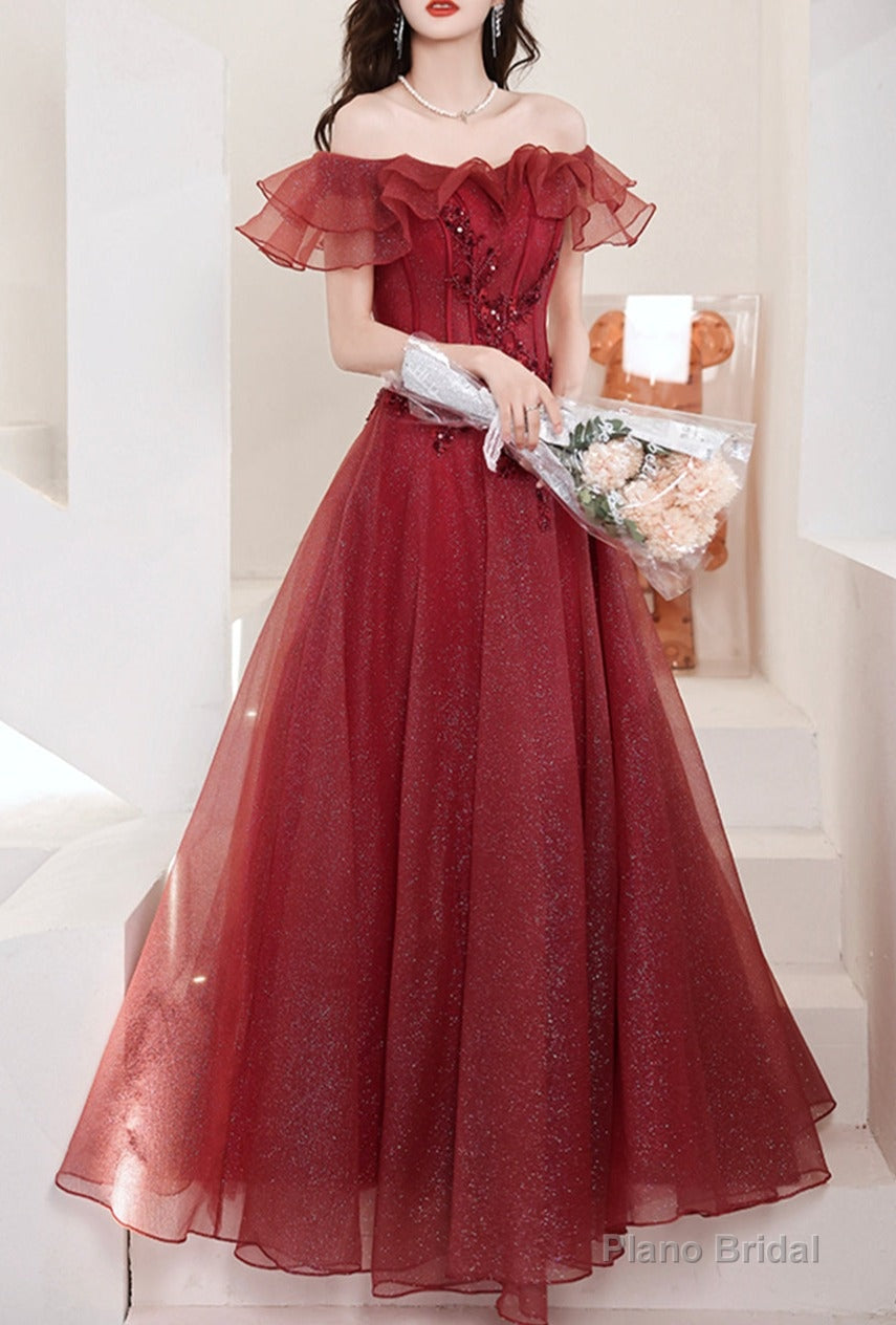 Burgundy Tulle Long A Line Prom Dress Evening Dress Secondary image