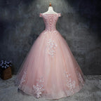 Pink Cap Sleeves Ball Gown Tulle With Lace Sweet 16 Prom Dresses, Long Quinceanera Dresses