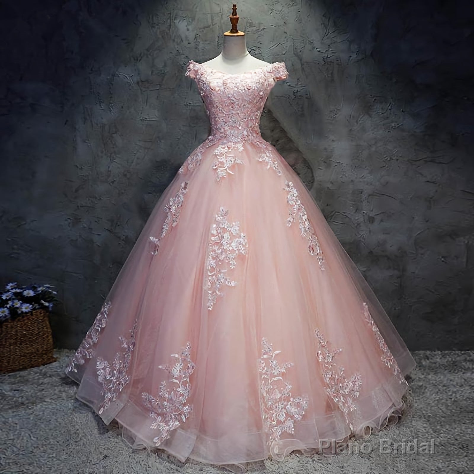 Pink Cap Sleeves Ball Gown Tulle With Lace Sweet 16 Prom Dresses, Long Quinceanera Dresses Secondary image