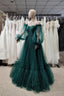 Pretty Green Lace Prom Dresses, Puff Long Sleeves Off The Shoulder Lace Appliques Tulle Ball Gown