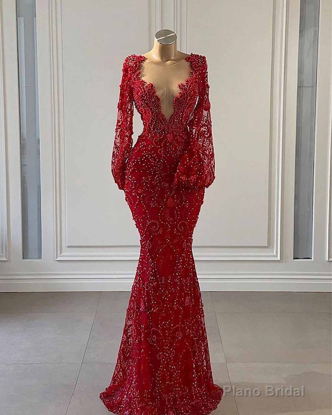 Red Prom Dress, Long Prom Dresses, Long Sleeve Lace Mermaid Evening Gowns Main image