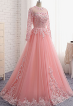 Charming Long Sleeve Appliques Pink Tulle Prom Dresses, Elegant Evening Formal Dress