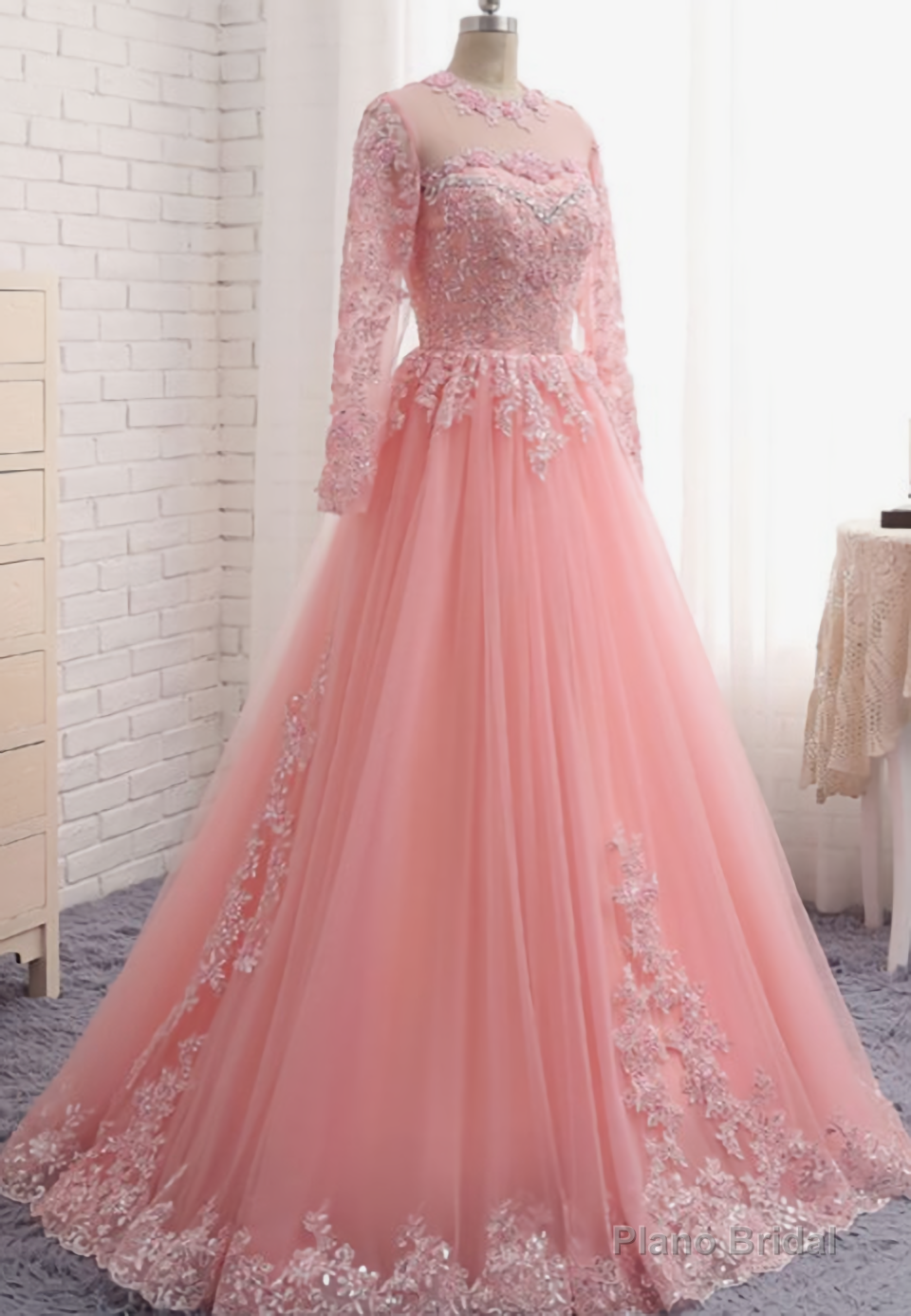 Charming Long Sleeve Appliques Pink Tulle Prom Dresses, Elegant Evening Formal Dress