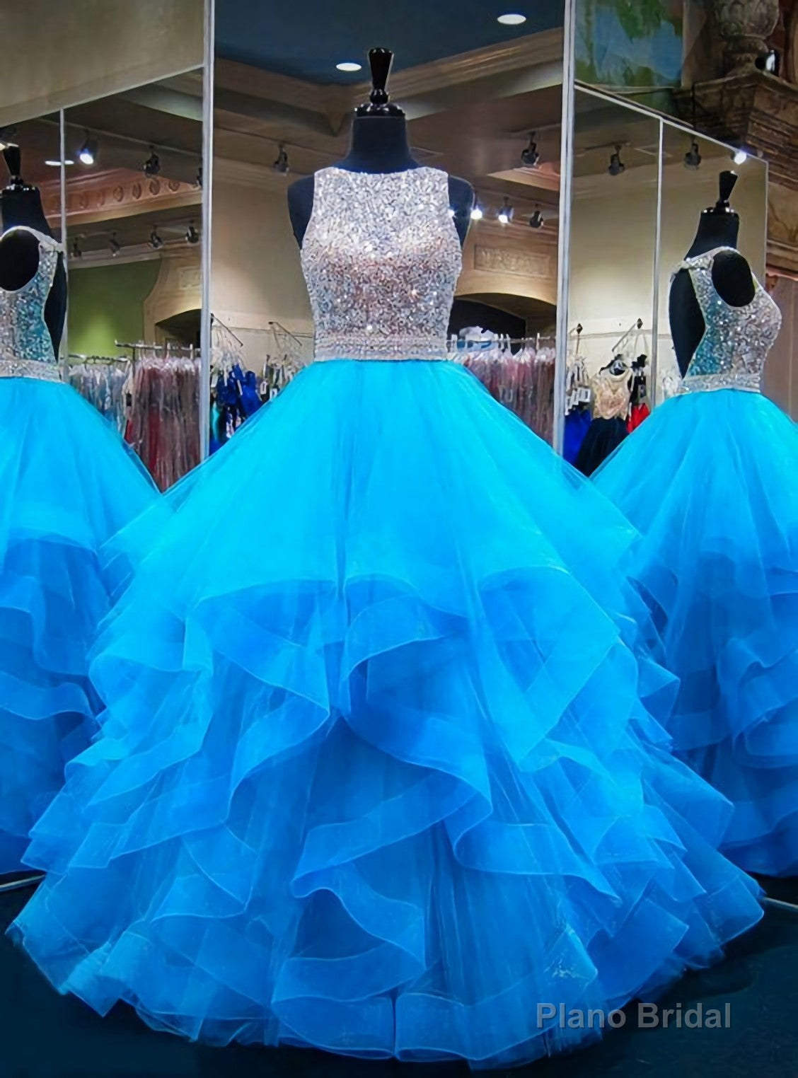 Blue Puffy Ball Gown Crystals Backless African Prom Dresses Main image