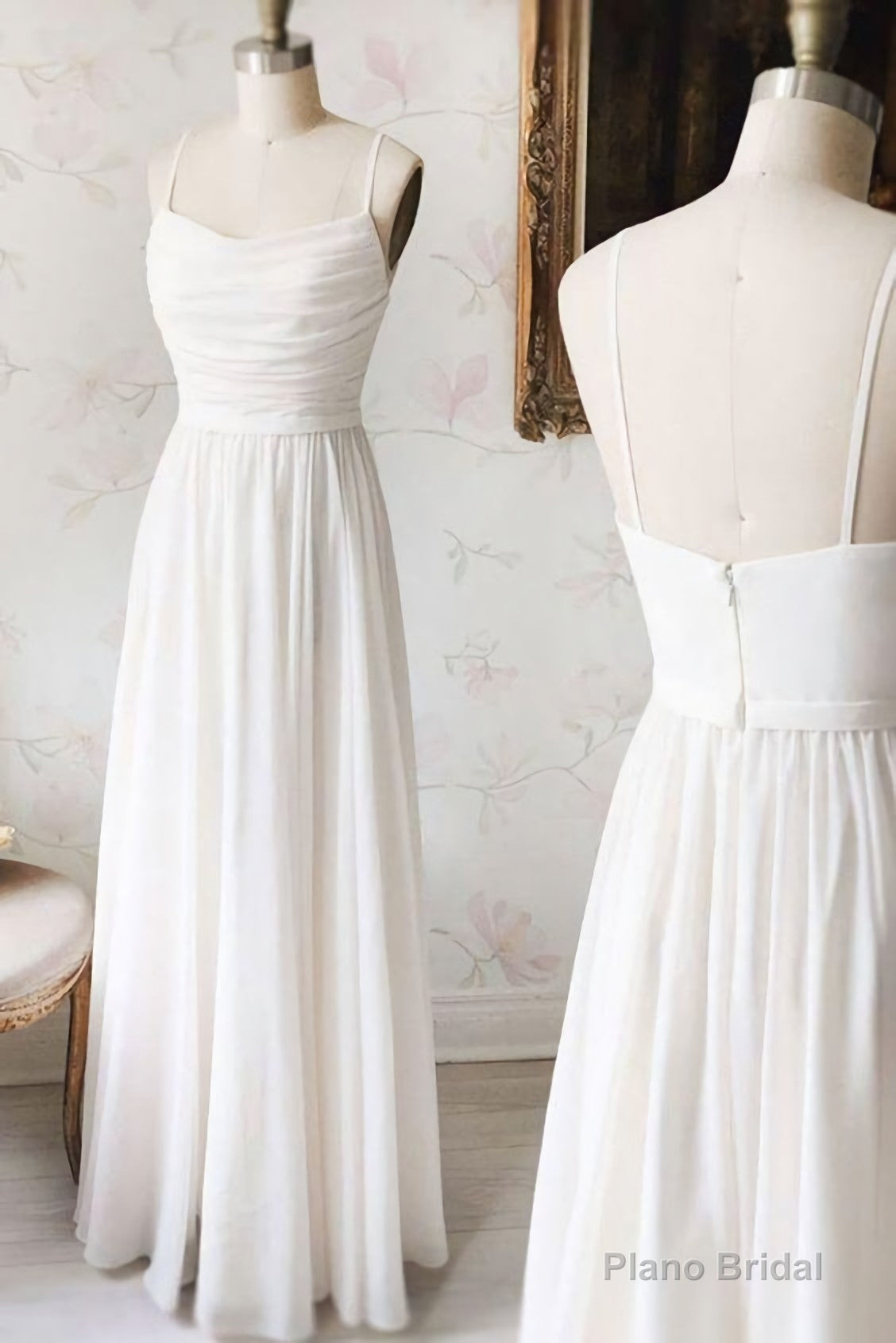 Simple White Chiffon V Neck Long Prom Dress, White Evening Dress Main image