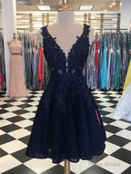 Dark Navy Lace Beading Sleeveless Illusion Homecoming Dresses